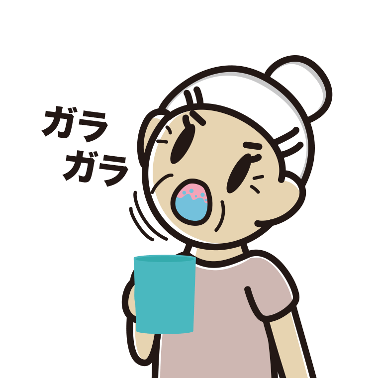 ガラガラうがいをするおばあさんのイラスト【色あり、背景なし】透過PNG
