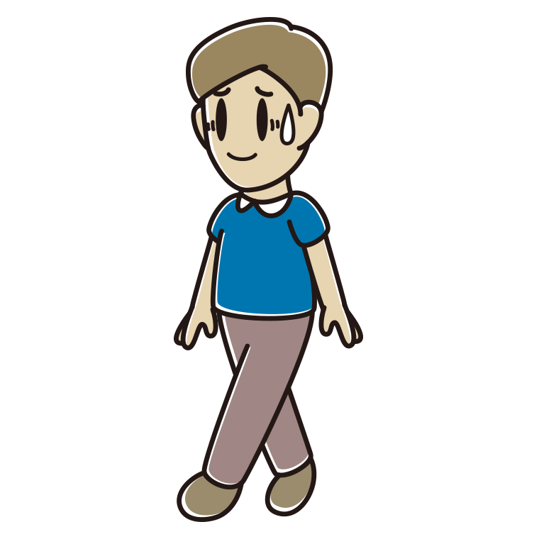 苦笑いしながら歩く男性のイラスト【色あり、背景なし】透過PNG