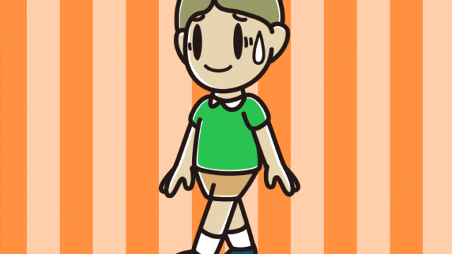 苦笑いしながら歩く小学生男子のイラスト【色、背景あり】PNG