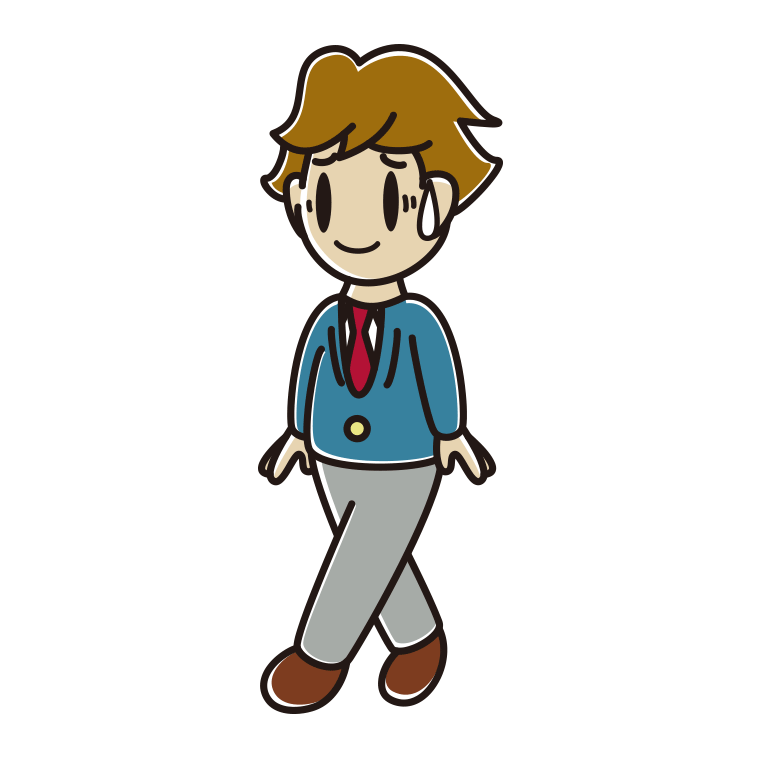 苦笑いしながら歩く男子高校生のイラスト【色あり、背景なし】透過PNG