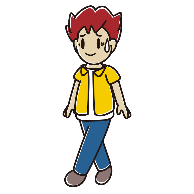 苦笑いしながら歩く男子大学生のイラスト【色あり、背景なし】透過PNG