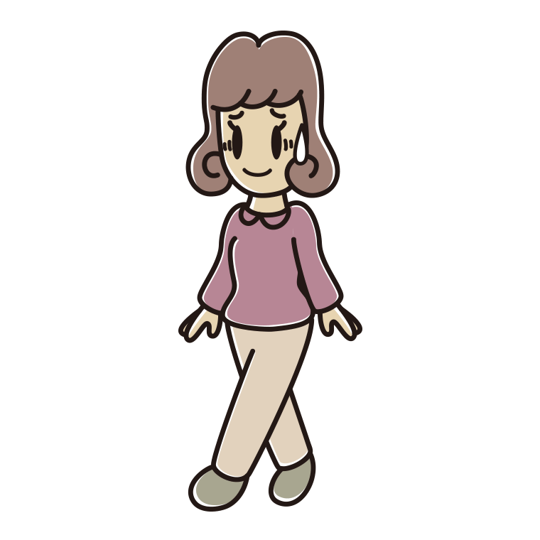 苦笑いしながら歩く女子大学生のイラスト【色あり、背景なし】透過PNG