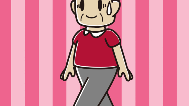 苦笑いしながら歩くおじさんのイラスト【色、背景あり】PNG