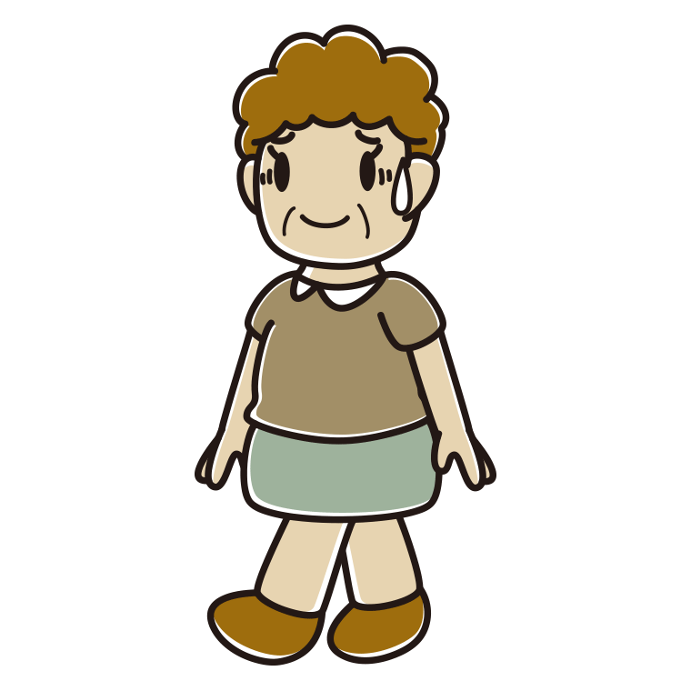 苦笑いしながら歩くおばさんのイラスト【色あり、背景なし】透過PNG