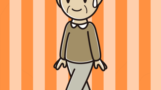 苦笑いしながら歩くおじいさんのイラスト【色、背景あり】PNG