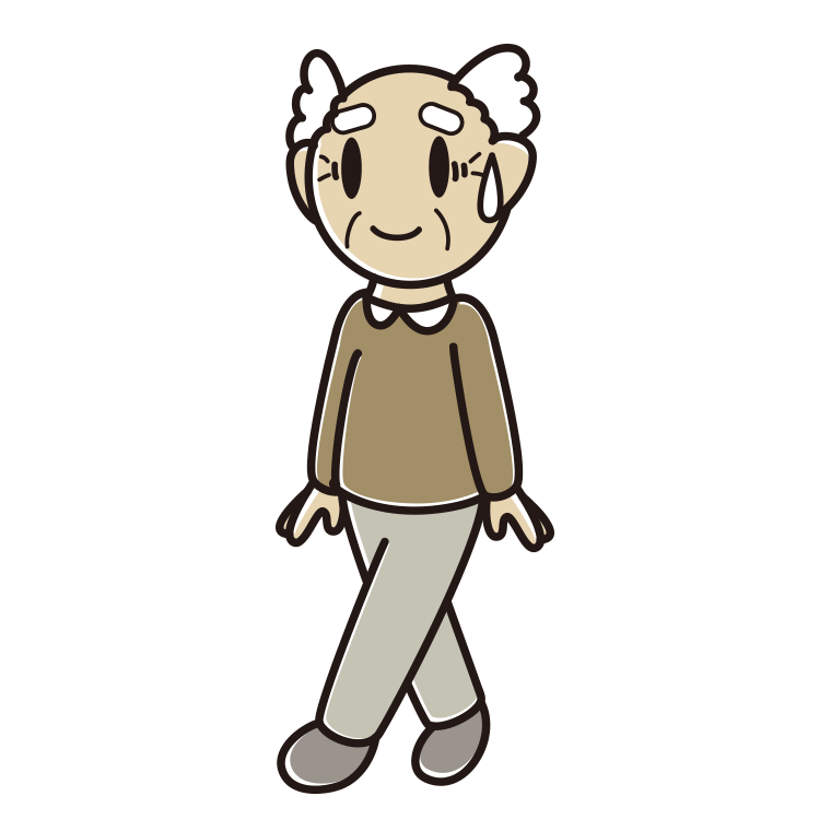 苦笑いしながら歩くおじいさんのイラスト【色あり、背景なし】透過PNG