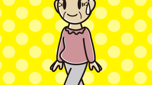 苦笑いしながら歩くおばあさんのイラスト【色、背景あり】PNG