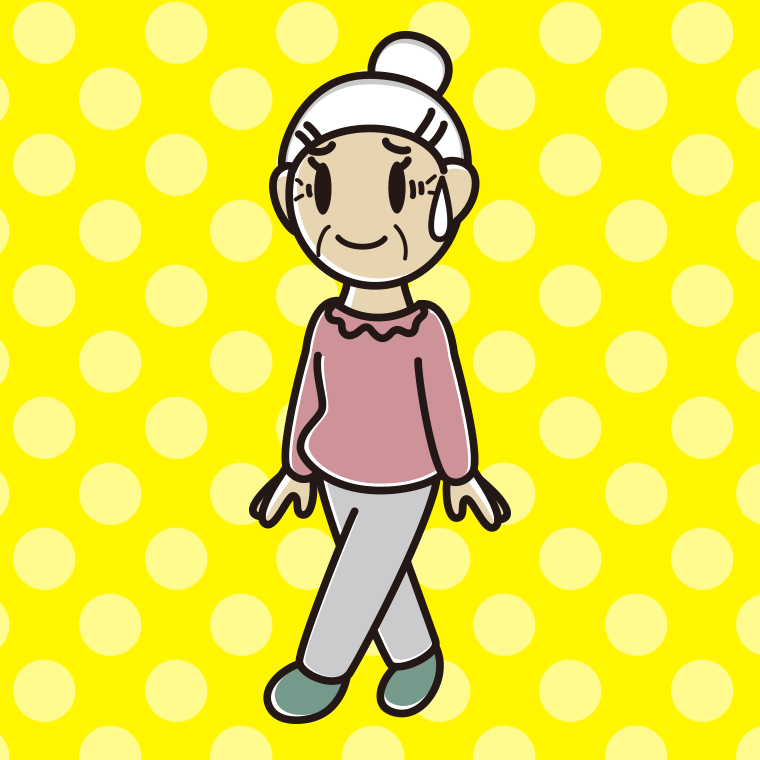 苦笑いしながら歩くおばあさんのイラスト【色、背景あり】PNG