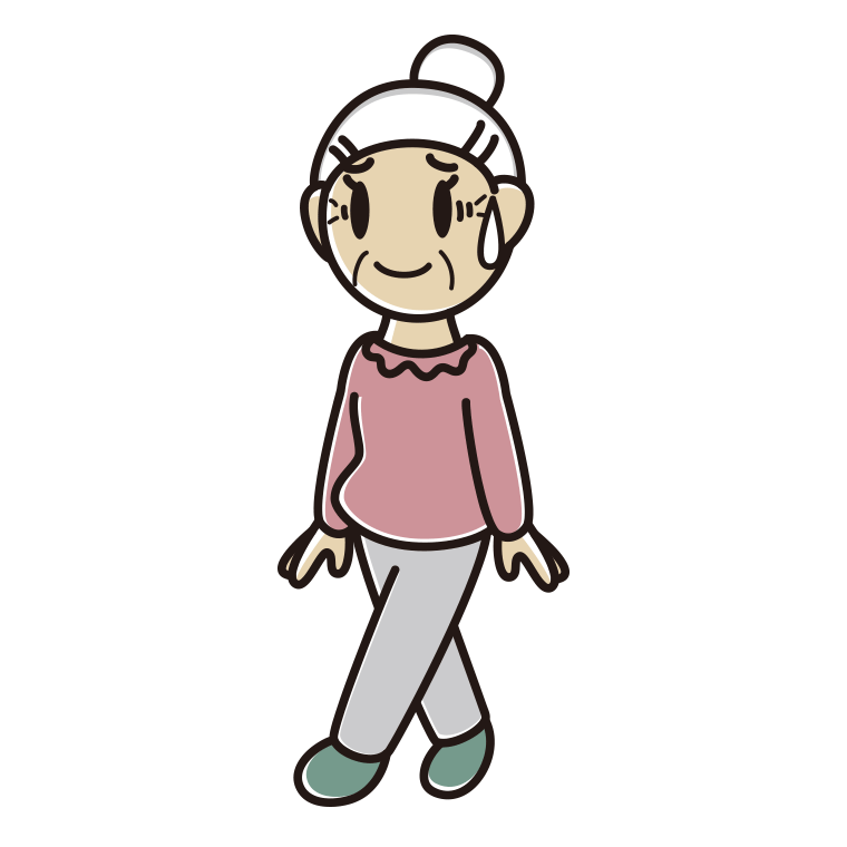 苦笑いしながら歩くおばあさんのイラスト【色あり、背景なし】透過PNG