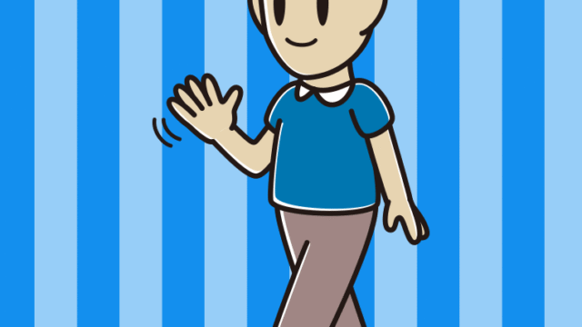 手を振りながら歩く男性のイラスト【色、背景あり】PNG