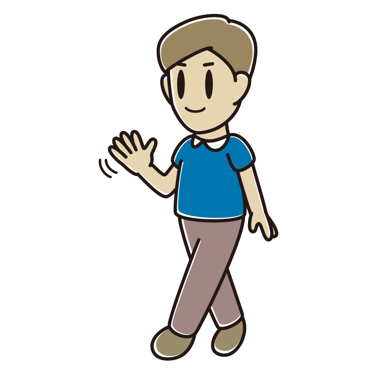 手を振りながら歩く男性のイラスト【色あり、背景なし】透過PNG