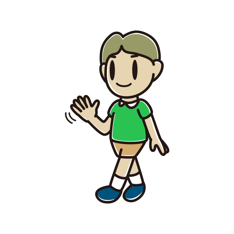 手を振りながら歩く小学生男子のイラスト【色あり、背景なし】透過PNG