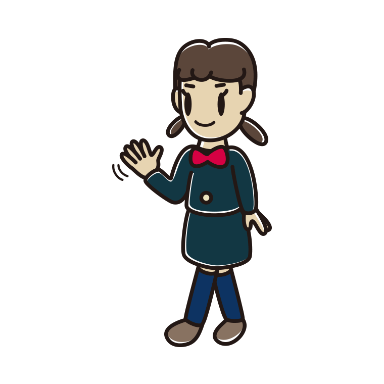 手を振りながら歩く女子中学生のイラスト【色あり、背景なし】透過PNG