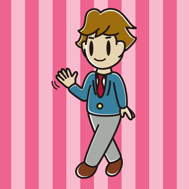 手を振りながら歩く男子高校生のイラスト【色、背景あり】PNG