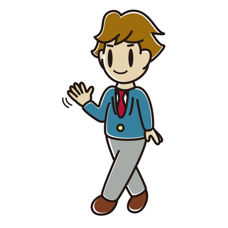手を振りながら歩く男子高校生のイラスト【色あり、背景なし】透過PNG