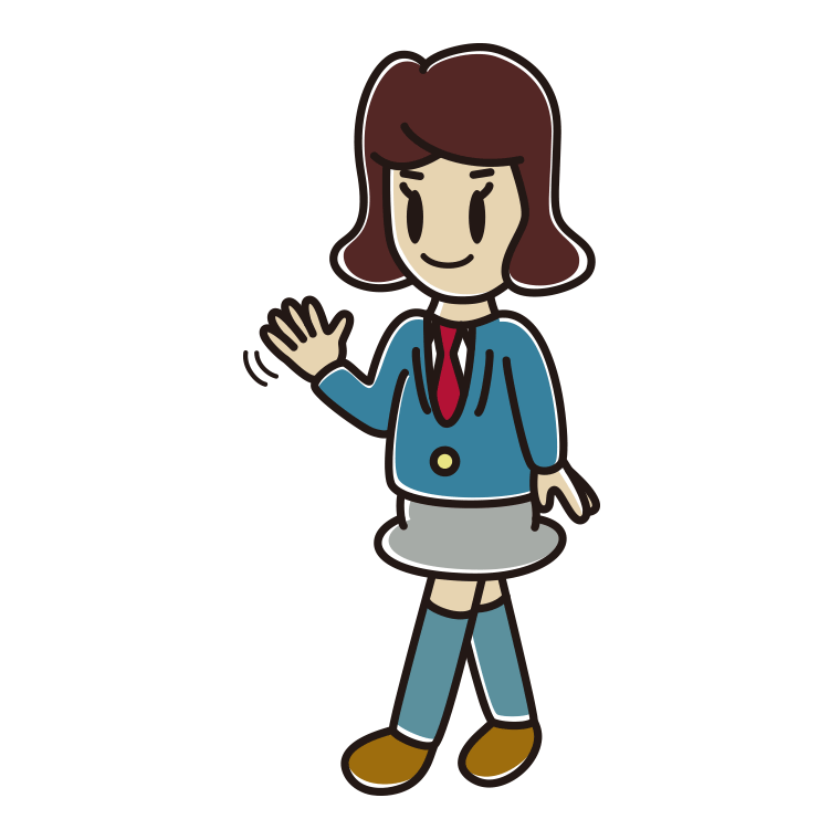 手を振りながら歩く女子高校生のイラスト【色あり、背景なし】透過PNG