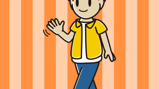 手を振りながら歩く男子大学生のイラスト【色、背景あり】PNG