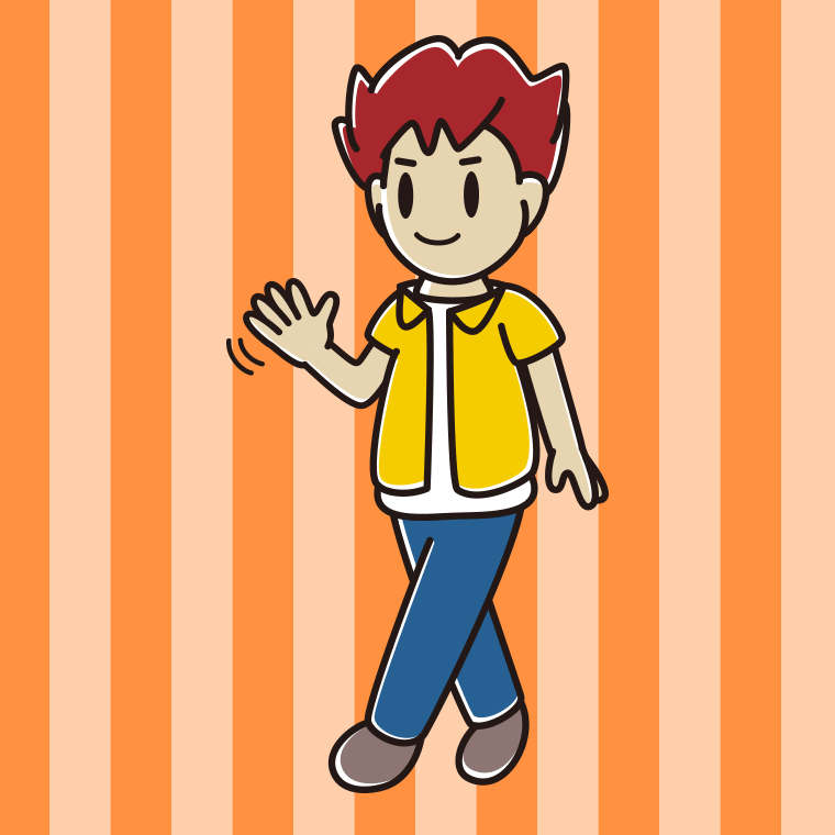 手を振りながら歩く男子大学生のイラスト【色、背景あり】PNG