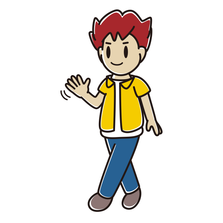 手を振りながら歩く男子大学生のイラスト【色あり、背景なし】透過PNG