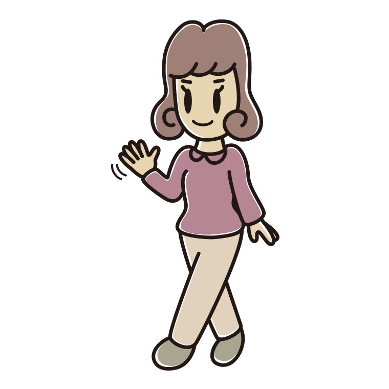 手を振りながら歩く女子大学生のイラスト【色あり、背景なし】透過PNG