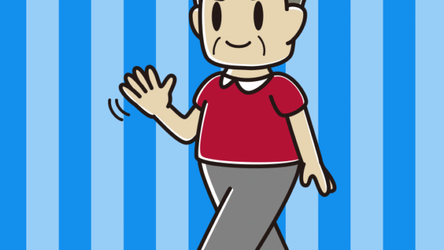 手を振りながら歩くおじさんのイラスト【色、背景あり】PNG