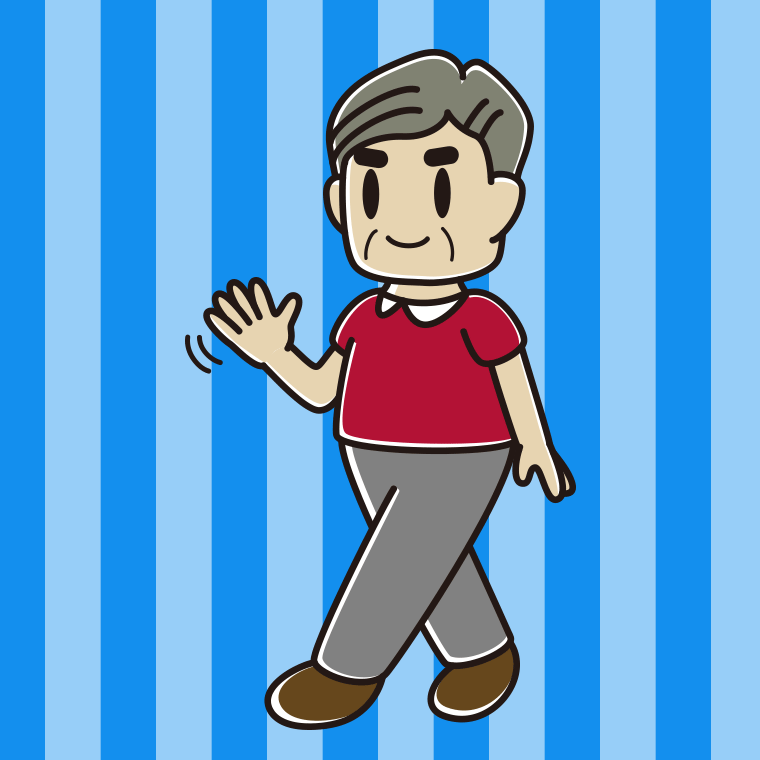 手を振りながら歩くおじさんのイラスト【色、背景あり】PNG