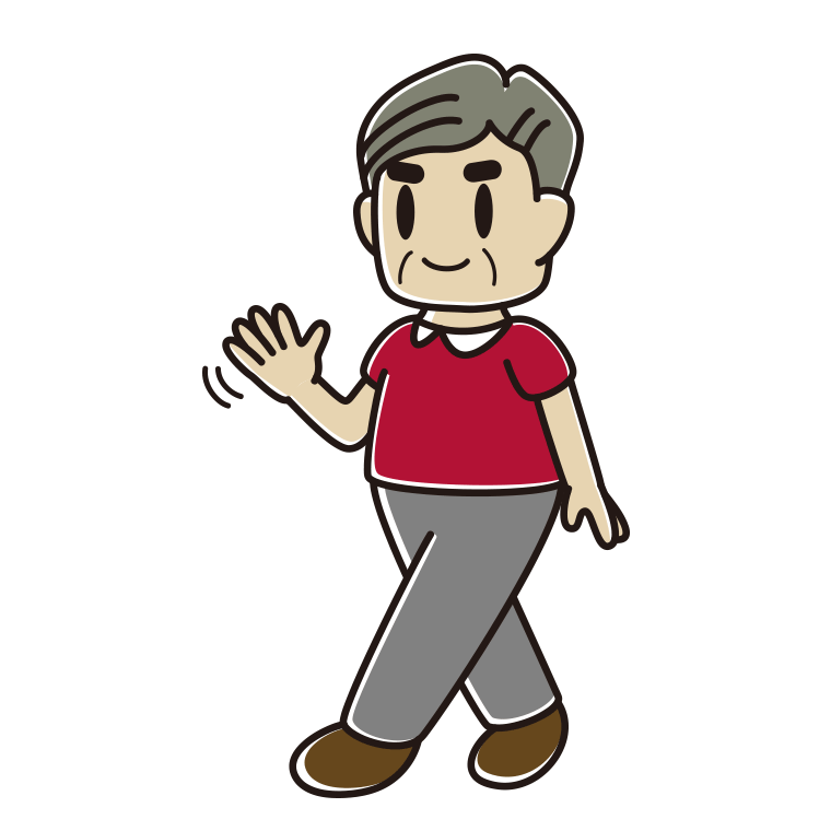 手を振りながら歩くおじさんのイラスト【色あり、背景なし】透過PNG