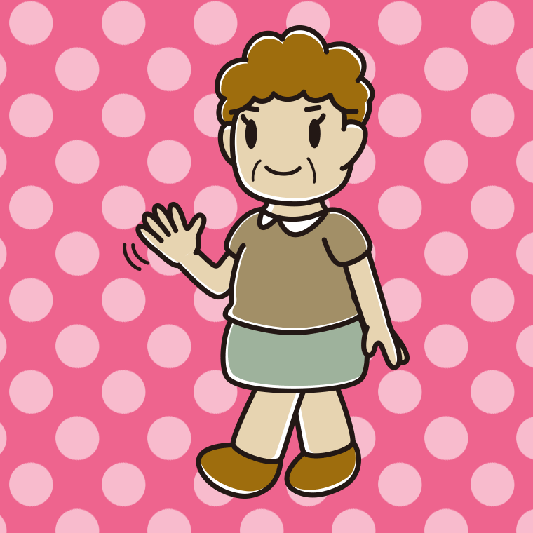 手を振りながら歩くおばさんのイラスト【色、背景あり】PNG