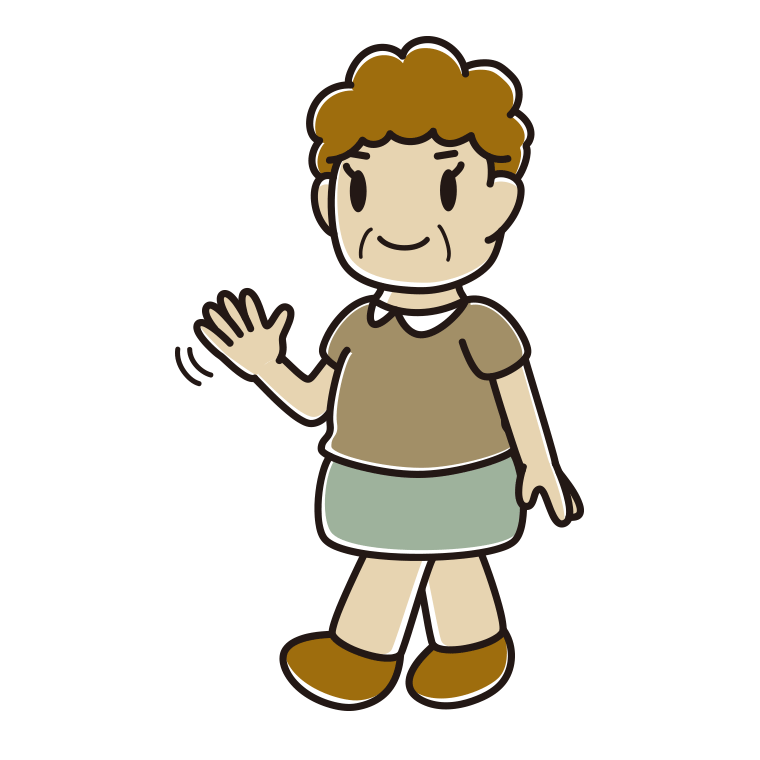 手を振りながら歩くおばさんのイラスト【色あり、背景なし】透過PNG