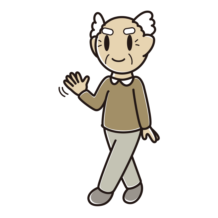 手を振りながら歩くおじいさんのイラスト【色あり、背景なし】透過PNG