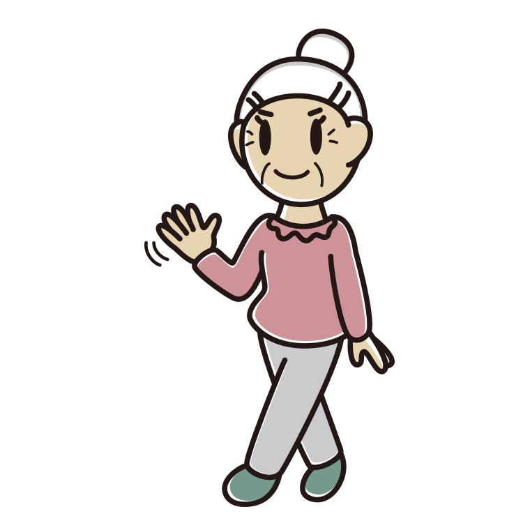 手を振りながら歩くおばあさんのイラスト【色あり、背景なし】透過PNG