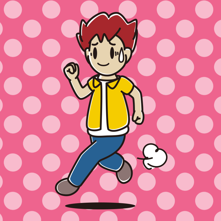 苦笑いしながら走る男子大学生のイラスト【色、背景あり】PNG