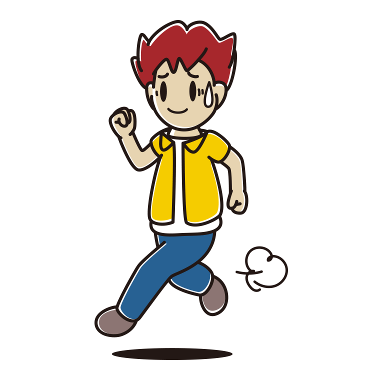 苦笑いしながら走る男子大学生のイラスト【色あり、背景なし】透過PNG