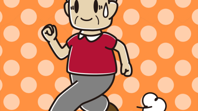 苦笑いしながら走るおじさんのイラスト【色、背景あり】PNG