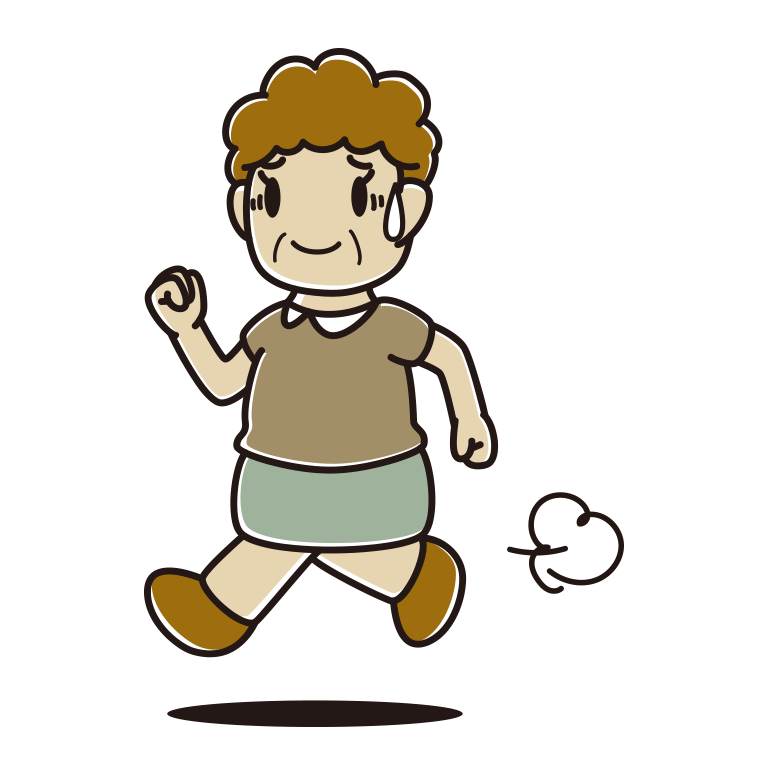 苦笑いしながら走るおばさんのイラスト【色あり、背景なし】透過PNG