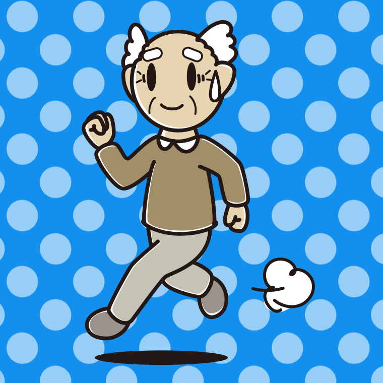苦笑いしながら走るおじいさんのイラスト【色、背景あり】PNG