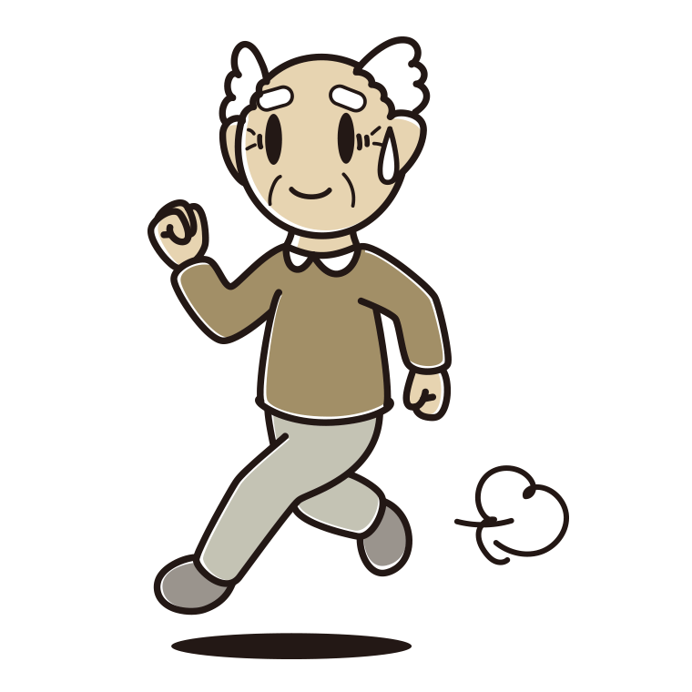 苦笑いしながら走るおじいさんのイラスト【色あり、背景なし】透過PNG