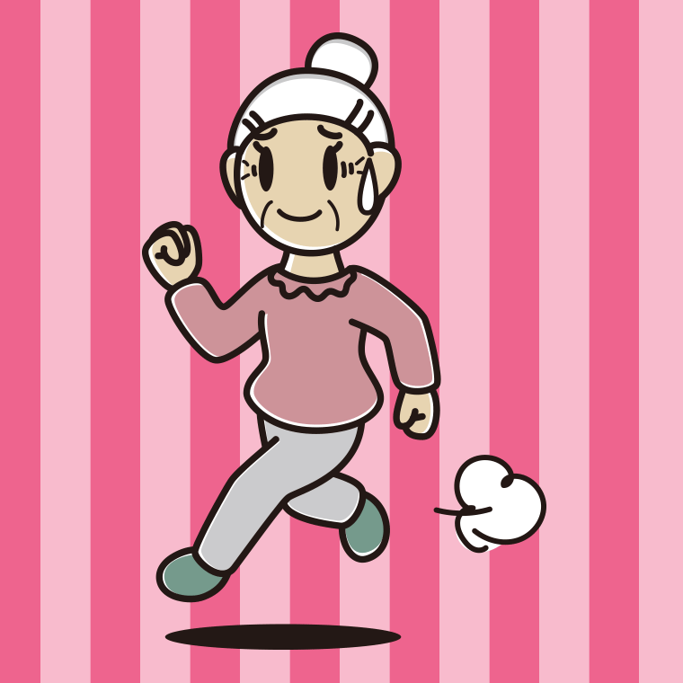 苦笑いしながら走るおばあさんのイラスト【色、背景あり】PNG