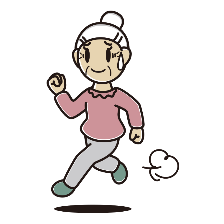苦笑いしながら走るおばあさんのイラスト【色あり、背景なし】透過PNG