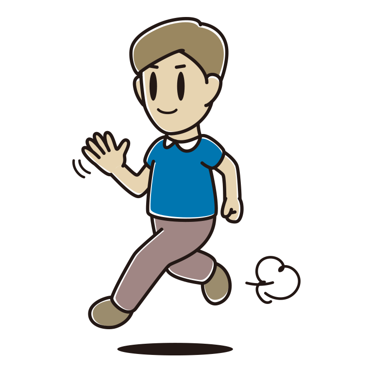 手を振りながら走る男性のイラスト【色あり、背景なし】透過PNG