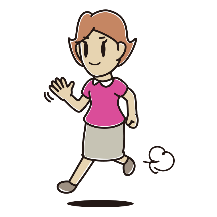 手を振りながら走る女性のイラスト【色あり、背景なし】透過PNG