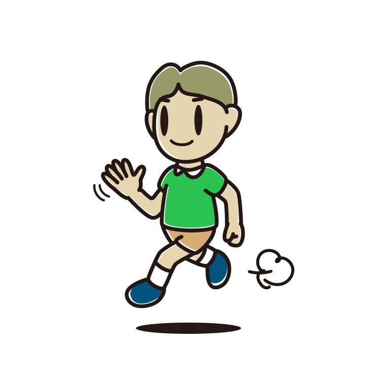 手を振りながら走る小学生男子のイラスト【色あり、背景なし】透過PNG