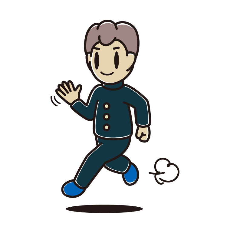 手を振りながら走る男子中学生のイラスト【色あり、背景なし】透過PNG