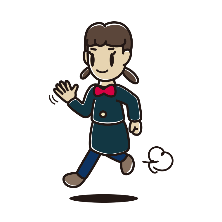 手を振りながら走る女子中学生のイラスト【色あり、背景なし】透過PNG