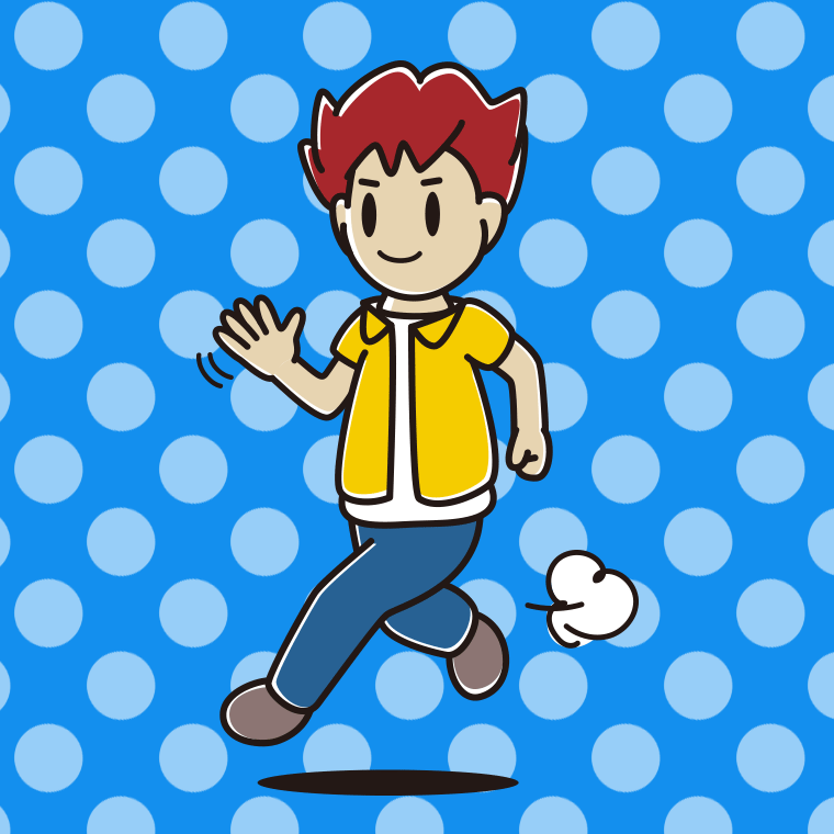手を振りながら走る男子大学生のイラスト【色、背景あり】PNG