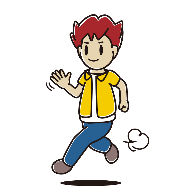 手を振りながら走る男子大学生のイラスト【色あり、背景なし】透過PNG