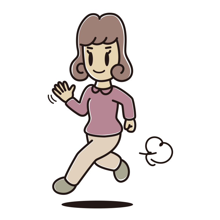 手を振りながら走る女子大学生のイラスト【色あり、背景なし】透過PNG