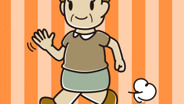 手を振りながら走るおばさんのイラスト【色、背景あり】PNG