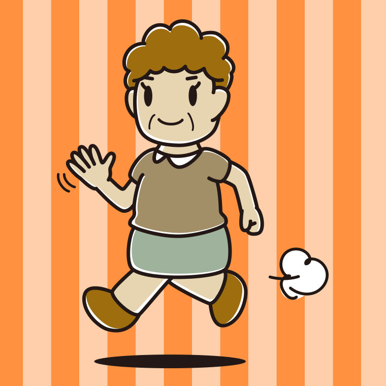 手を振りながら走るおばさんのイラスト【色、背景あり】PNG