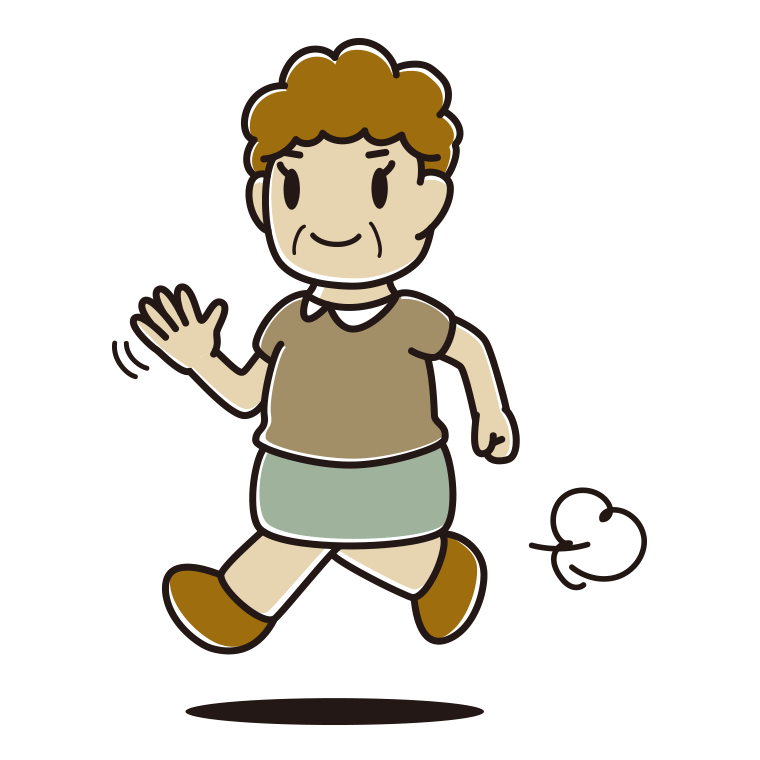 手を振りながら走るおばさんのイラスト【色あり、背景なし】透過PNG